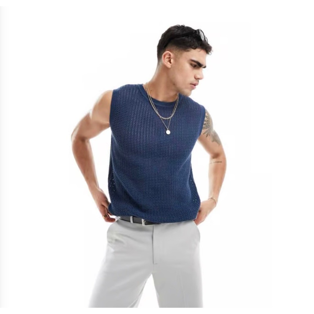 ASOS DESIGN Mens Blue Crochet Open Knit Sweater Vest Sleeveless Cotton Large